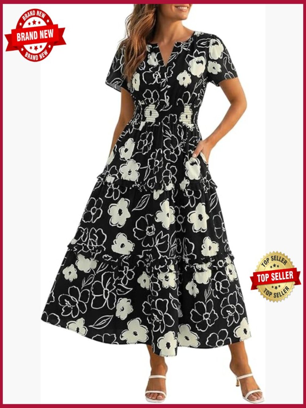 Womens Summer Maxi Dress Floral V Neck Smocked Tiered Boho Beach Sundress